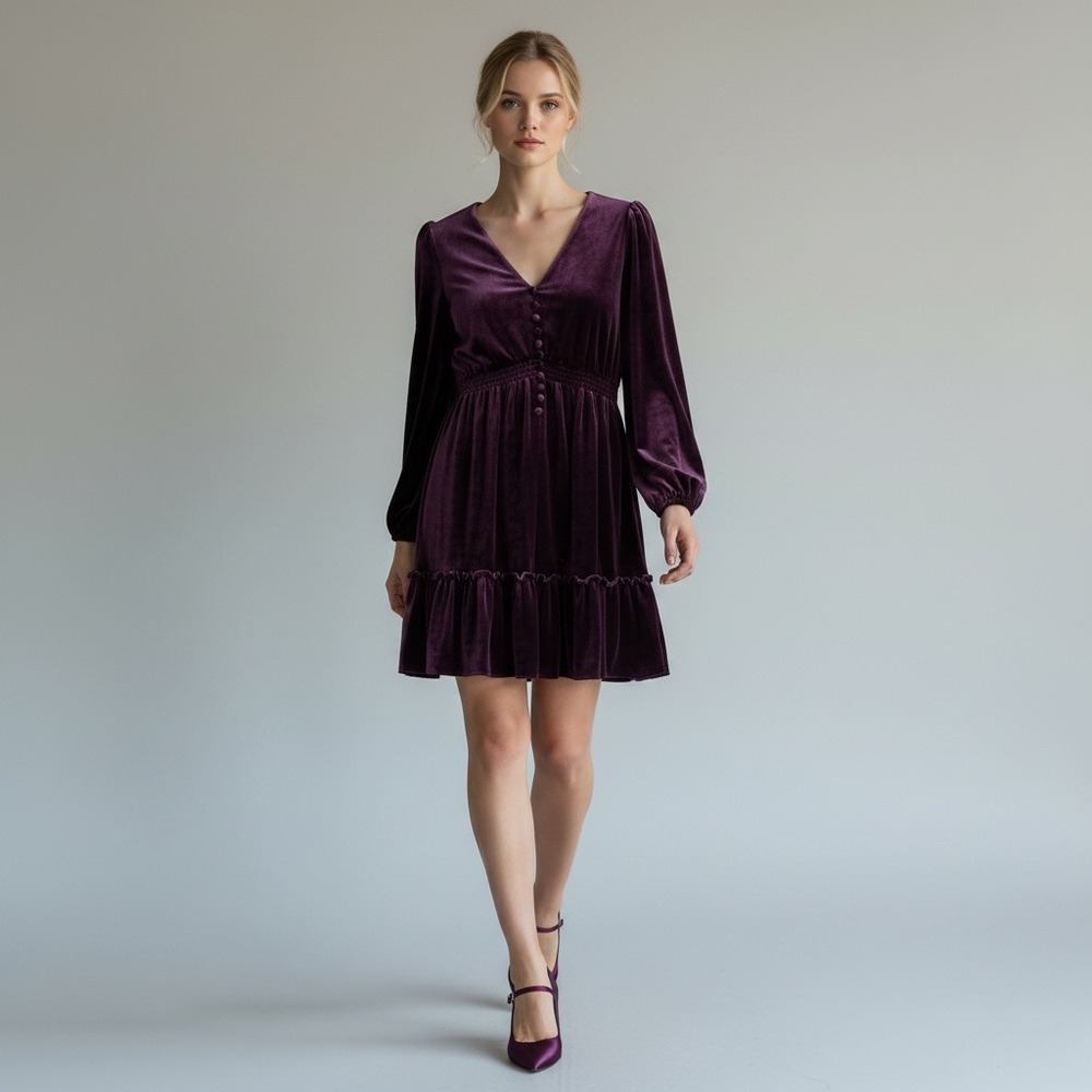 Taylor New V-Neck Velvet Smocked Waist‎ Long Sleeve Ruffle Mini Dress 8 Plum